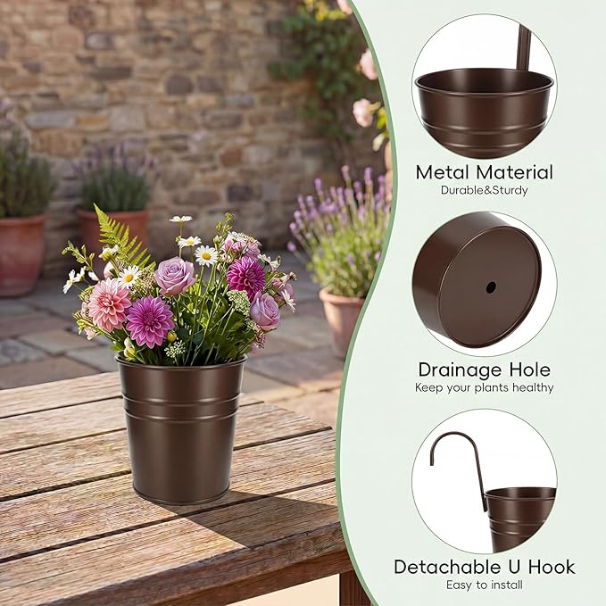 HowRU Hanging Flower Pots, Railing Planter Box for Outdoor Plants 12 Pack 5 Inch Metal Hanging Planters with Detachable Hooks Balcony Window Fence Garden Decoration Flower Boxes(Bronze(5in))
