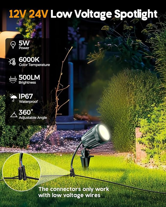 12V24V Low Voltage Landscape Lights Outdoor,6000K White LED Landscape Lights with 3 Color Lenses (Red,Yellow,Green),IP67 Waterproof Outdoor Spot Lights for Garden Passage Wall Tree Fence,6 Pack