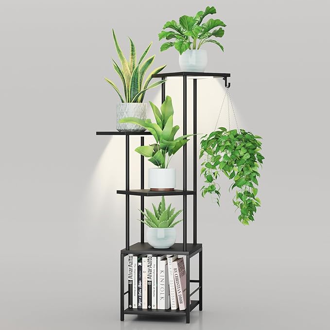 Plant Stand Indoor with Grow Light, 5-Tiered Tall Plant Stand Indoor, Metal Plant Shelf with Hanging Basket Hook and Adjustable Light, Ideal for Living Room, Garden, Patio (Black )