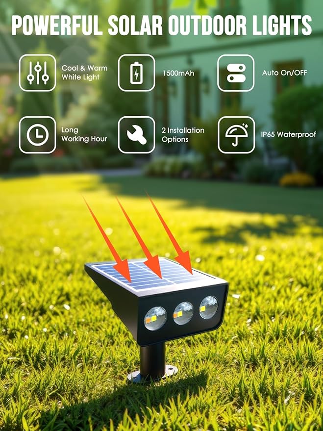 Solar spot Lights Outdoor IP65 Waterproof Solar spotlights 3 Lighting Modes Tree Lights for Outdoor Yard Garden Auto On/Off Wall Lights for Walkway Driveway Garage 6 Pack (Warm White