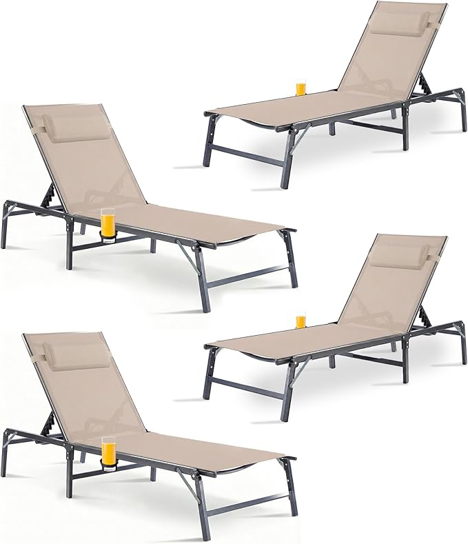 4 Pack Foldable Chaise Lounge Chair with Cup Holder, Assemble-Free Outdoor Lounge Chair with Detachable Pillow and 6 Adjustable Backrest, Patio Lounge Chair for Outside Poolside Beach Pool, Khaki