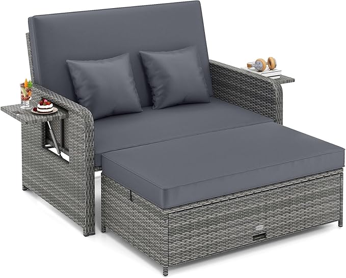 Tangkula Patio Rattan Daybed with 4-Level Adjustable Backrest, Outdoor PE Wicker Loveseat with Storage Ottoman & Folding Side Table, Double Sunbed for Balcony, Backyard & Poolside, Grey