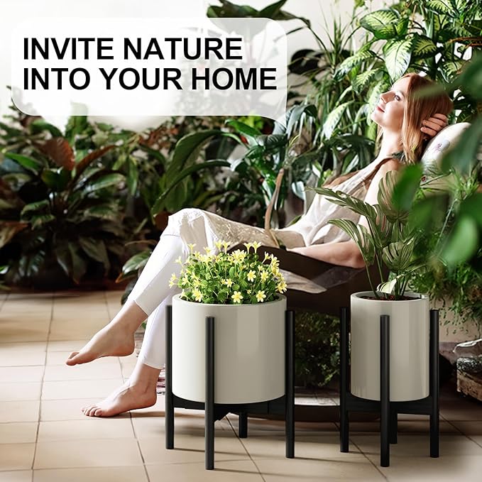 MUDEELA Plant Stand for Indoor Plants: Adjustable Width Fits 8-12 Inch Pots - Mid-century Modern Bamboo Plant Stand - 14.5 Inch Single Tier Small Floor Plant Holder, Black, 2 Pack (Without Pot)