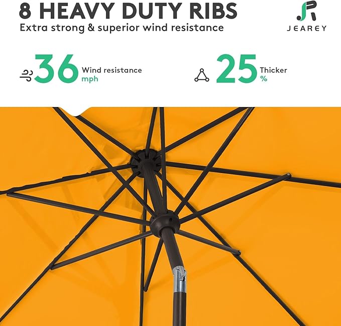 JEAREY 9FT Outdoor Patio Umbrella Outdoor Table Umbrellas with Push Button Tilt and Crank, Market Umbrella 8 Sturdy Ribs UV Protection Waterproof for Garden, Deck, Backyard, Pool (Sun Orange)