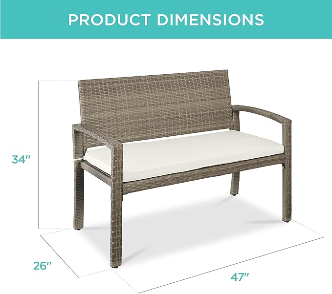 Best Choice Products Outdoor Bench 2-Person Wicker Garden Patio Benches Seating Furniture for Backyard, Porch w/Seat Cushion, 700lb Capacity - White Sand/Taupe