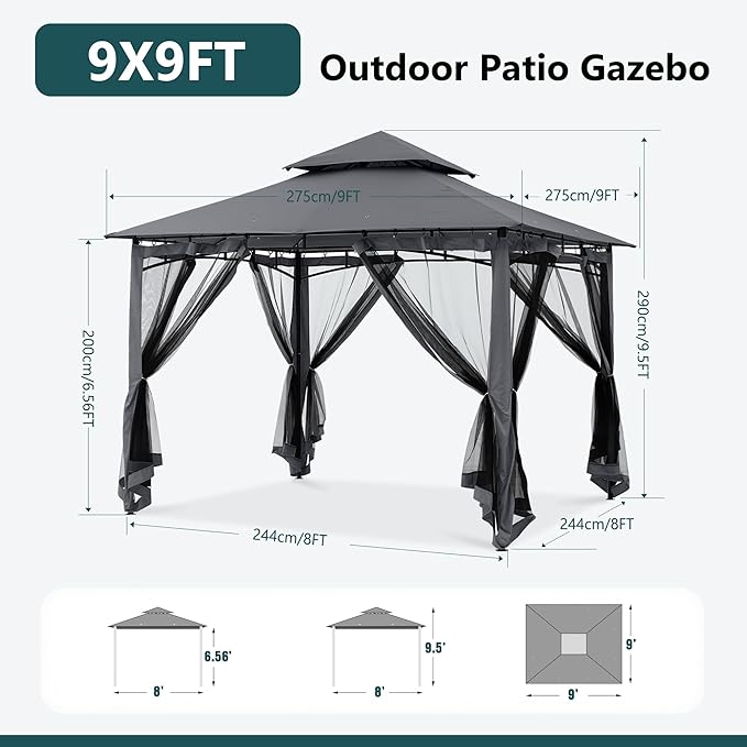 MASTERCANOPY Outdoor Garden Gazebo for Patios with Stable Steel Frame and Netting Walls (9x9,Dark Gray)