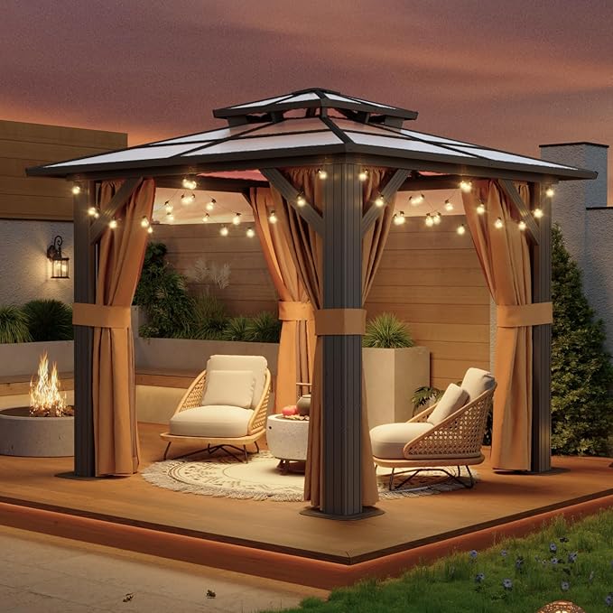 Aoxun 8'x8' Hardtop Gazebo, Aluminum Frame Permanent Pavilion with Curtains and Netting, Outdoor Polycarbonate Double Roof Canopy, Designed for Garden, Lawns, Patio, Brown