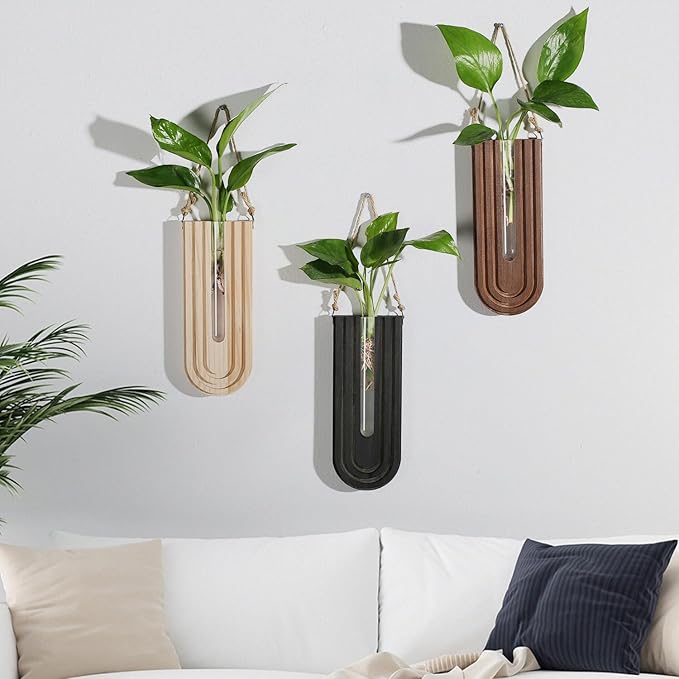 Indoor Wood Wall Planter Set of 3 for Plants - Boho Handmade Hanging Propagation Station with Curved Rainbow Design, Wall Mounted Vase for Flowers, Natural Home Decor Living Room Entryway