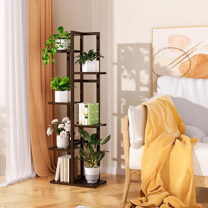 6 Tier Bamboo Plant Stand Indoor, Wood Tall Flower Holder Corner Tiered Plant Shelf for Multiple Plants (Brown)