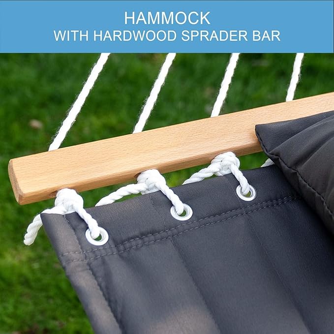 Lazy Daze Hammocks 12 FT Double Quilted Fabric Hammock with Spreader Bar and Detachable Pillow, 2 Person Double for Outside Patio Poolside Backyard Beach, 450lbs Capacity, Gray