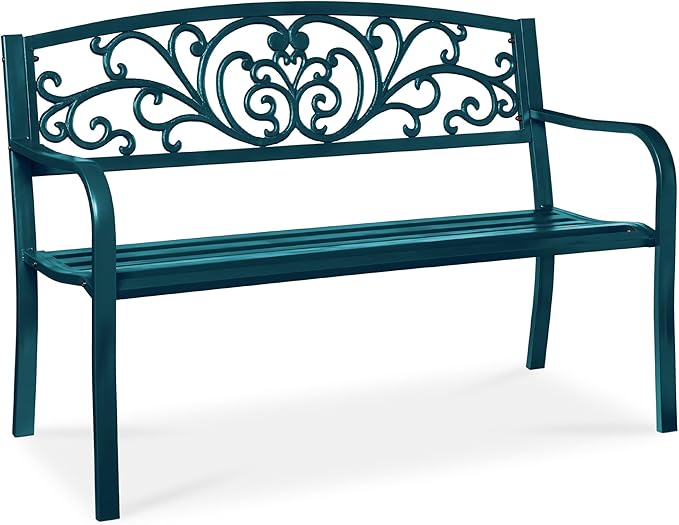 Best Choice Products Outdoor Bench Steel Garden Patio Porch Furniture for Lawn, Park, Deck w/Floral Design Backrest, Slatted Seat - Peacock Blue