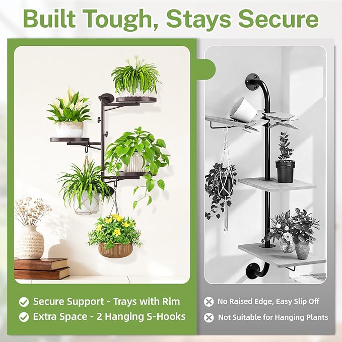 iDavosic.ly Rotating Window Plant Shelves, 3-Tier Metal Wall Stand with 2 Hooks, Flower Display Holder Rack for Living Room, Space Saving, Bronze (Pots/Chains/Plants Not Included)