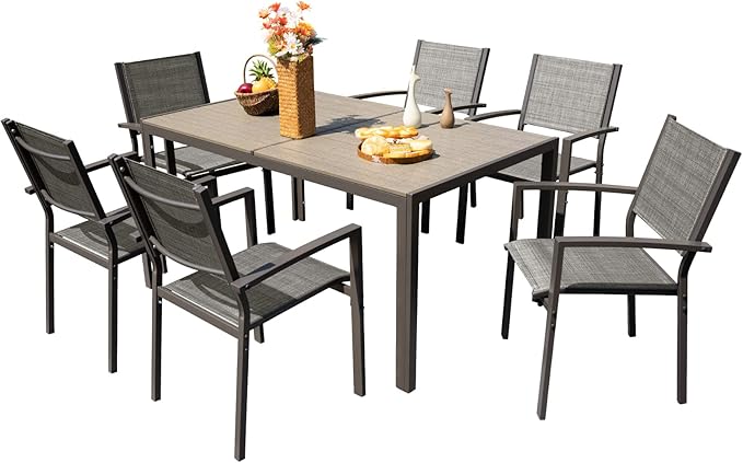 Devoko Patio Dining Set 7 Piece Outdoor Furniture with Rectangular Table and 6 Stackable Chairs Family Conversation Set for Garden Backyard Deck (Grey)