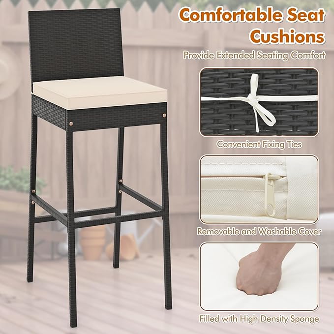 COSTWAY 5 Piece Patio Bar Set, Outdoor Rattan Wicker Bar Table and 30'' High Top Chairs Set with Acacia Wood Tabletop and Cushions for Poolside, Backyard