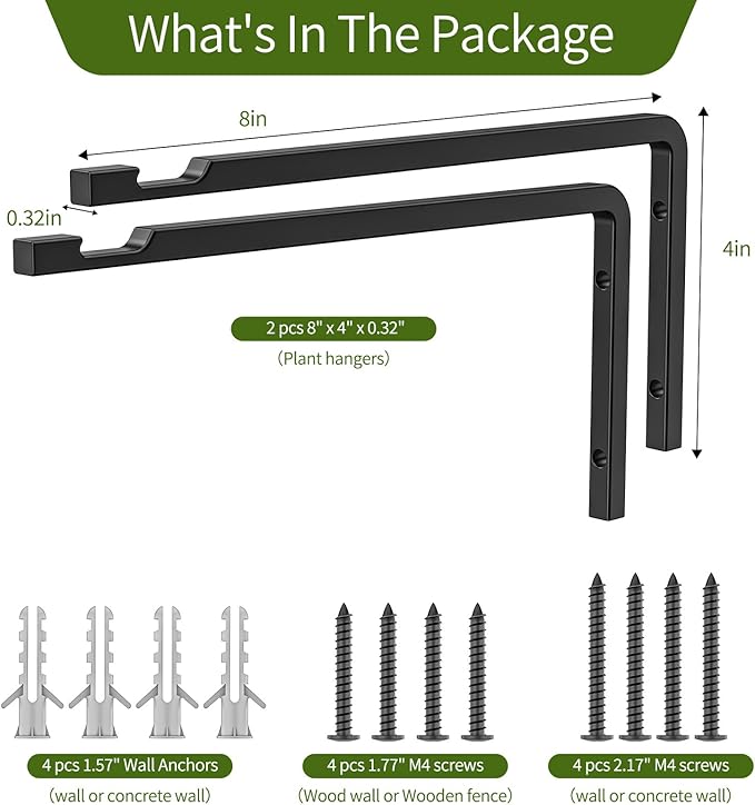 2 Pack 8 Inch Plant Hanger Hooks for Indoor Hanging Plants, Heavy Duty Steel Hanging Plant Brackets Wall Mount Hooks for Hanging Bird Feeders Flower Basket Wind Chime Solar Lanterns Outdoor, Black