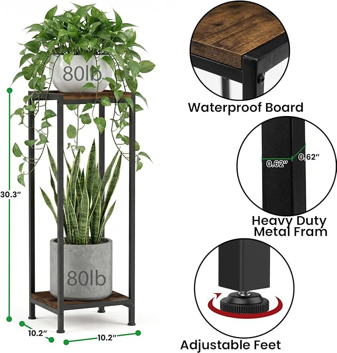 TOSKING 30" Tall Plant Stand, 2-Tier Metal & Wood Plant Shelf, Heavy Duty Flower Pot Holder (Holds 160 lbs) for Living Room, Corner, Balcony and Garden