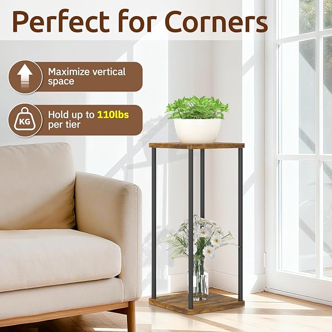2 Tier Plant Stand Indoor, Oppro 28In Tall Corner Vertical Wood Metal Shelf, Square Modern Black Large Planter Table Heavy Duty Flower Pot Holder Rack for Narrow House Living Room Floor Orchid, Rustic