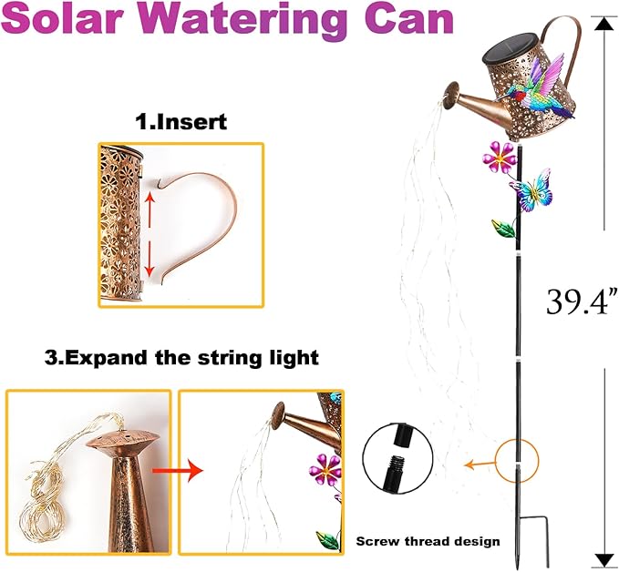 Solar Watering Can with Lights Outdoor Garden, 41in Large Hummingbird Garden Stake Lights, Waterproof Decoration for Yard Lawn Pathway, Gifts for Mom Grandma Women Birthday Gardening Gift