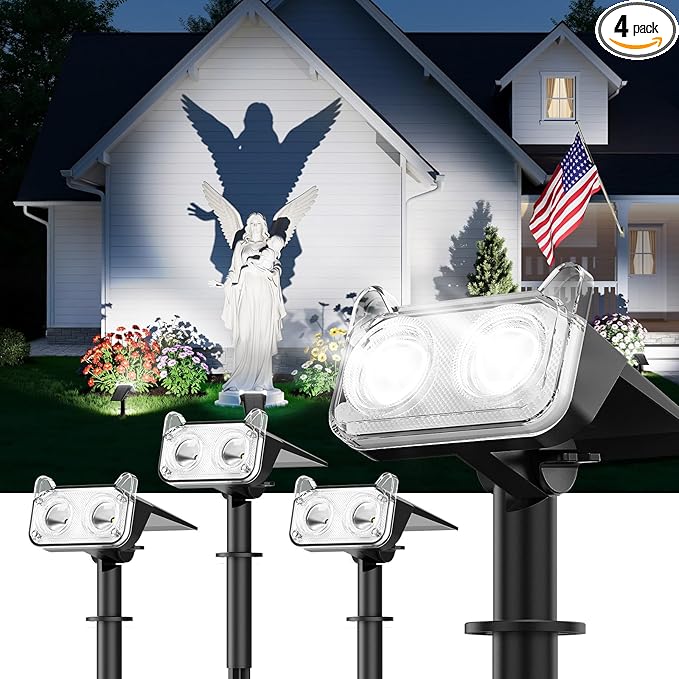 LETMY Solar Spot Lights Outdoor Waterproof with Bigger LED, 4 Pack Auto ON/OFF 135°Adjustable Solar Lights Outdoor, 2-in-1 Wall Lights & 2 Modes Landscape Spotlights for Tree Yard Pathway Garden Decor
