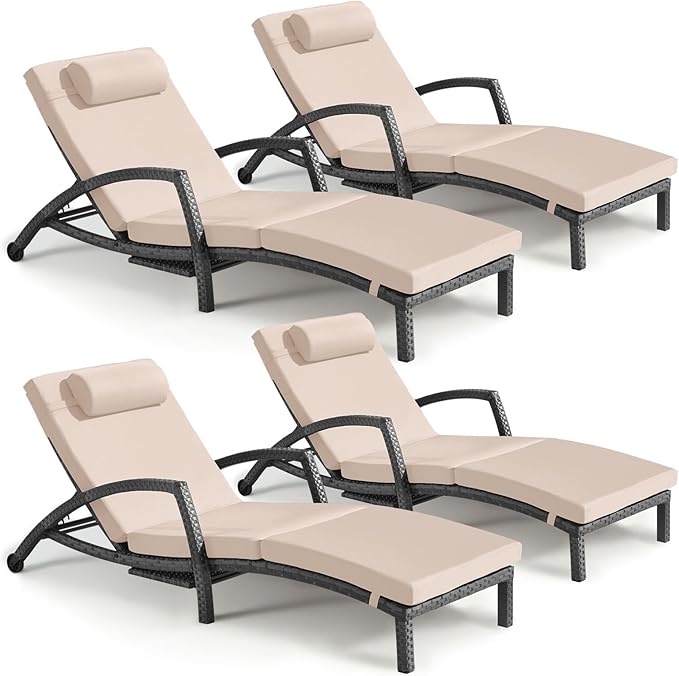 Chaise Lounge Chairs Outdoor Set of 4, Comfy Outside Wicker Patio Pool Lounge Chair w/ 5 Adjustable Back Angle, Cup Holder, Thicken Cushion