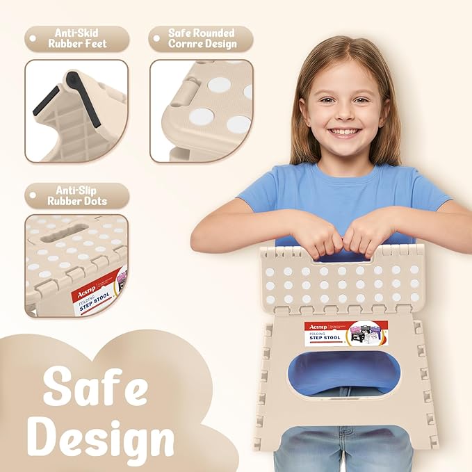 ACSTEP Folding Step Stool 11 Inch, Sturdy Plastic Foldable Step Stool for Kids & Adults, Non Slip Lightweight Collapsible Foot Stools Holds 300 lbs, Ideal for Kitchen, Bathroom, Outdoor, Khaki