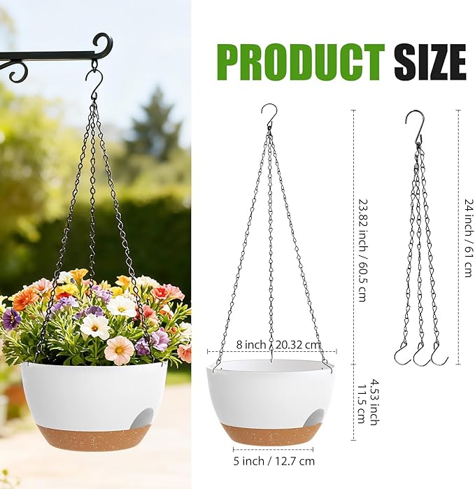 8 Inch Hanging Planters for Indoor Outdoor Plants, 4 Pack White Brown Plastic Self Watering Hanging Baskets with Drainage Holes and Chain for Garden Porch