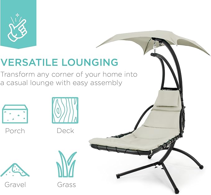 Best Choice Products Outdoor Hanging Curved Steel Chaise Lounge Chair Swing w/Built-in Pillow and Removable Canopy - Ivory