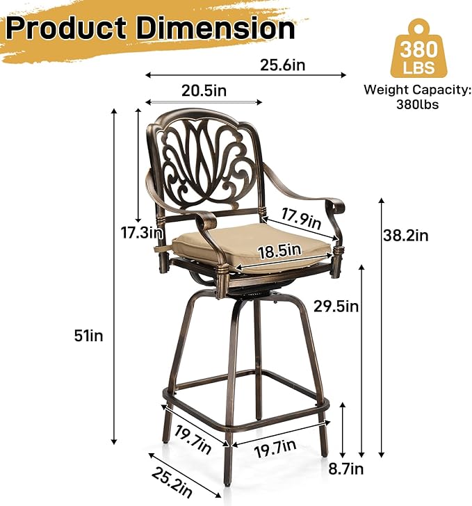 VINGLI Outdoor Swivel Bar Stools Set of 2, Cast Aluminum Patio Bar Height Chairs, All-Weather Bar Dining Chairs Outdoor Swivel Patio Furniture (Elizabethan Back)
