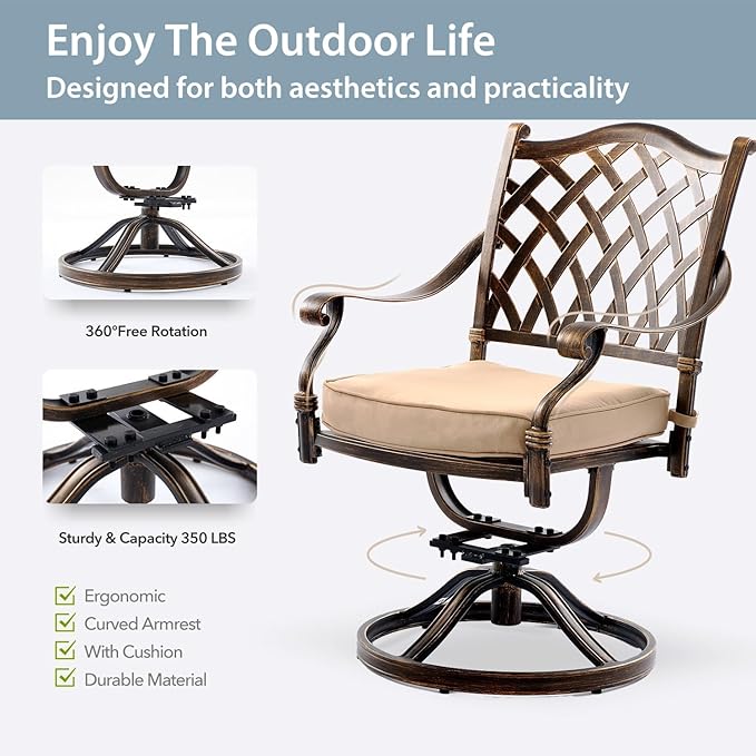 7-Piece Cast Aluminum Patio Furniture, Patio Dining Set for 6 Include 59" Rectangular Outdoor Dining Table and 6 Swivel Chairs with Cushions & Umbrella Hole(Bronze)