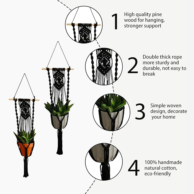 Artilady Black Plant Hanger Macrame Hanging Planter for Indoor Boho Plants Holder with Hooks Hanging Plant Basket Outdoor Window Wall Plants Home Decor (Black Wood Hanger-2pcs)