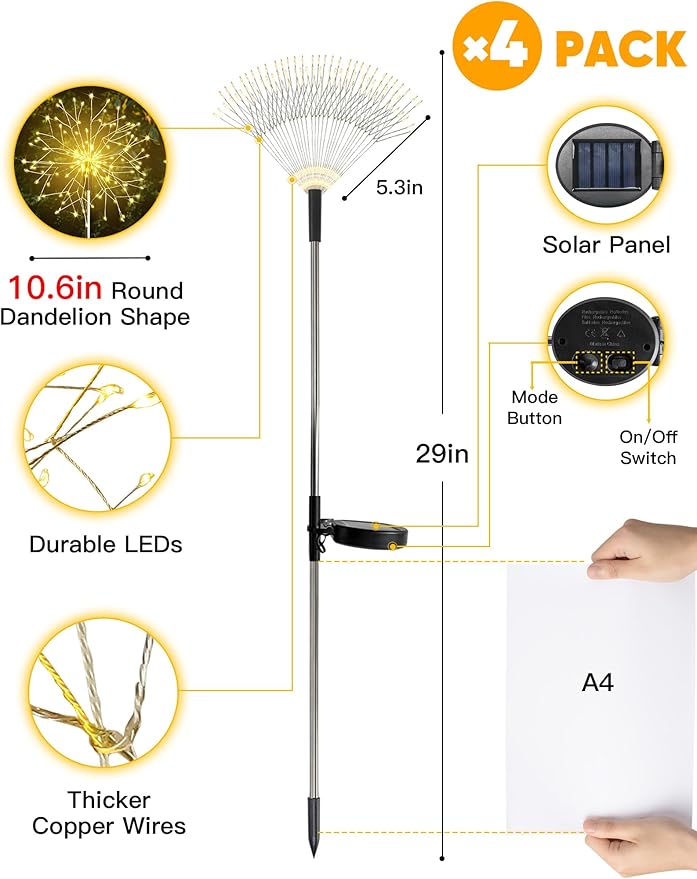suddus Solar Garden Lights Outdoor Waterproof Decorative, 4Pack 150LED Firework Lights, Solar Fairy Lights for Yard, Garden, Party, Patio, Pathway, Flowerbed, Wedding - Warm White