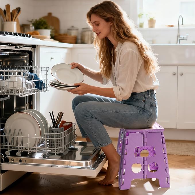 Delxo 13 inch Folding Step Stool, Non-Slip Foldable Stools Up to 300 LBS, Step Stool with Handle, Lightweight for Kitchen, Bathroom, Bedroom, Garden, Light Purple, 1PC