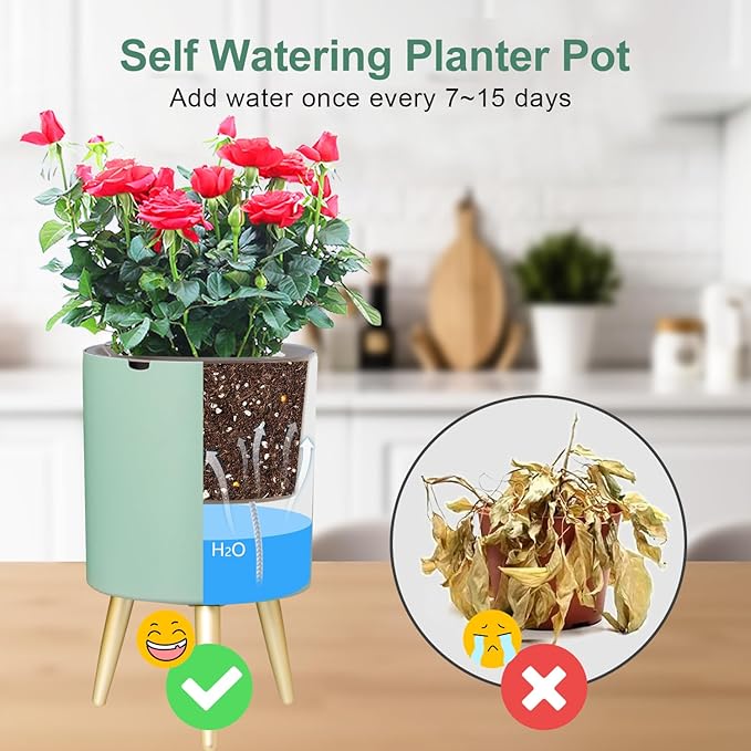 7.8 Inch Planter Pot with Metal Craft Legs, Self Watering Planter Pots with Water Shortage Alarm Planter Pot for Indoor Outdoor Modern Planter for Home & Garden (Green)
