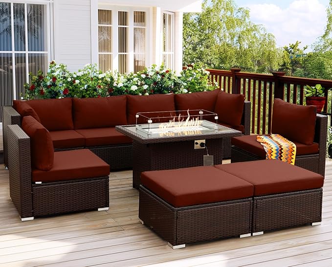 NICESOUL 9 Pcs Large Outdoor Patio Furniture Set with Firepit Natural Gas & Propane, 29.3 High Back Comfy Conversations Sofa Sets Modular, Wide Sectional for Heavy Weight, Brown Rattan and Red Cushion