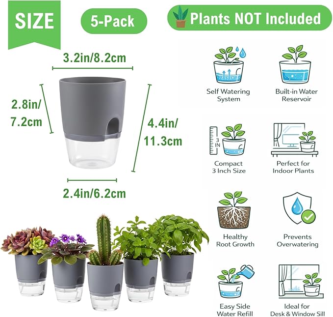 3.2 Inch Self Watering Planters Plastic Planter Pots 5 Pack Wicking Flower Pots Modern Decorative Planter for Small African Violets House Plants,Herbs,Indoor Outdoor Plant (Grey)