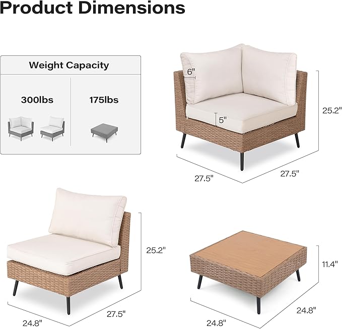 LAUSAINT HOME Outdoor Patio Furniture, 7 Piece Outdoor Sectional Sofa PE Rattan Wicker Patio Conversation Sets, All Weather Patio Furniture Set with Thick Cushions for Garden, Backyard(Beige)
