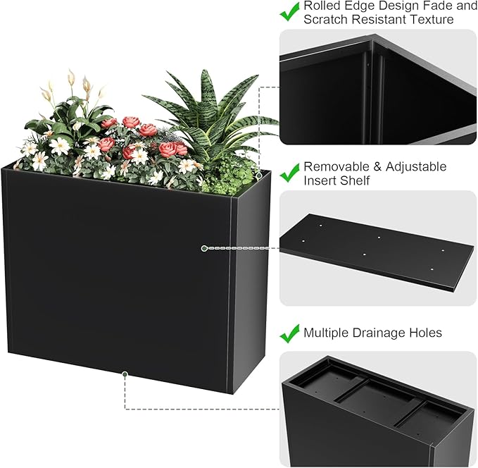 Tall Metal Planter Box for Outdoor Plants 36"L x 12"W x 26"H, Heavy Duty Steel Large Rectangular Planter Box with Removable Insert Shelf, Modern Décor for Tall Plants, Trees, Flowers (Black)