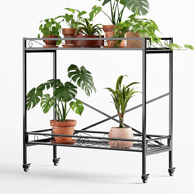Zhongma 2 Tier Sturdy Metal Plant Stand with Wheels, 40.5x16x39.4 Inch High, Heavy Duty Succulent Shelf for Home Indoor and Outdoor, 440 LBS Capacity & Heavy Duty Construction