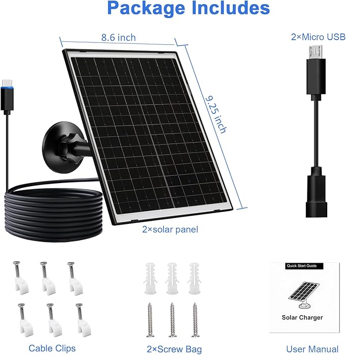 Zivif Solar Panel Charger for Arlo Essential 2K (2nd Gen), Essential XL & Spotlight Cameras – USB-C & Micro USB, IP66 Waterproof, 360° Adjustable Mount, 7.2ft Cable,2 Pack