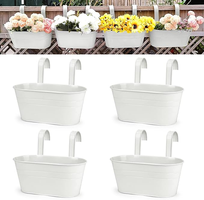 OGIMA 4pcs Hanging Flower Pots, Metal Iron Wall Planter Indoor/Outdoor for Railing Fence Balcony Garden Home Decoration with Detachable Hooks