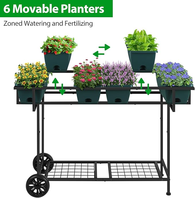 YBING Elevated Raised Garden Bed with Legs Outdoor Mobile Herb Garden Planter with Storage Shelf 6 Pocket Patio Raised Planter Boxes on Wheels Elevated Flower Bed 42x17x30in Green