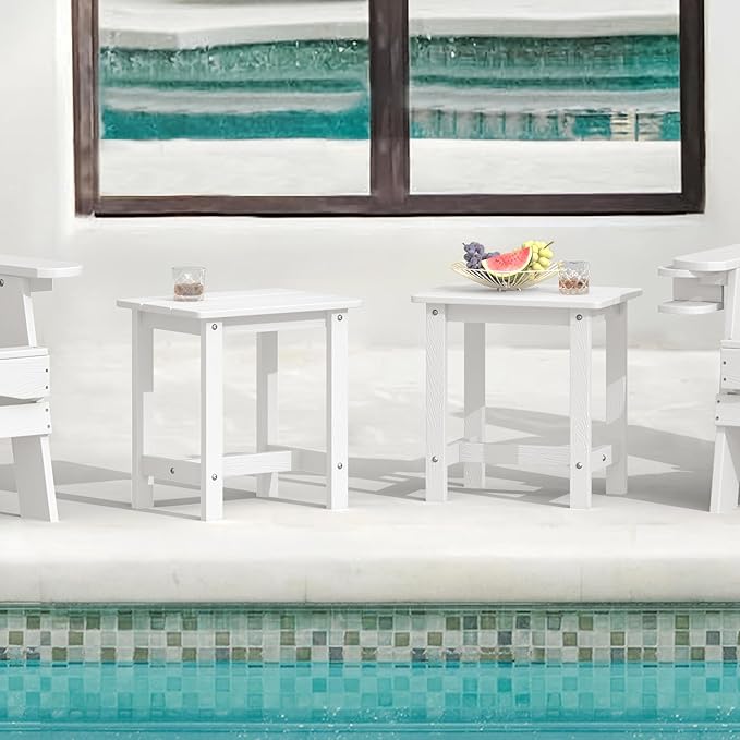LUE BONA Outdoor Side Table Set of 2, HDPS Small Outdoor Table, Adirondack Side Table, Outside End Table for Patio, Porch, Deck, Pool, Weather Resistant/Easy Maintenance/Indoor or Outside Use, White