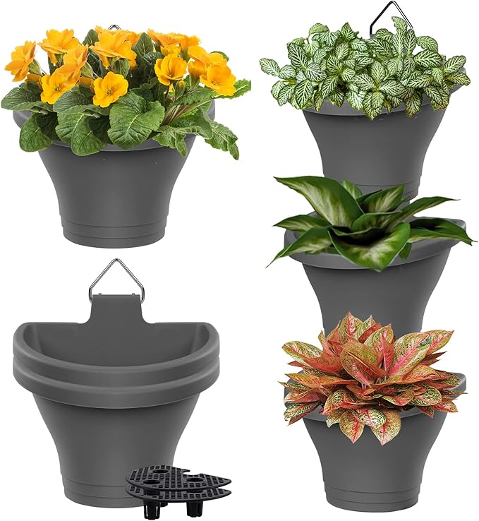 MADHOLLY 6Pcs Vertical Hanging Planters for Outdoor Plants - Wall Plant Holder for Indoor Decorations Garden Fence, Plastic Flower Pots with Drainage Grid and Hooks (Gray)