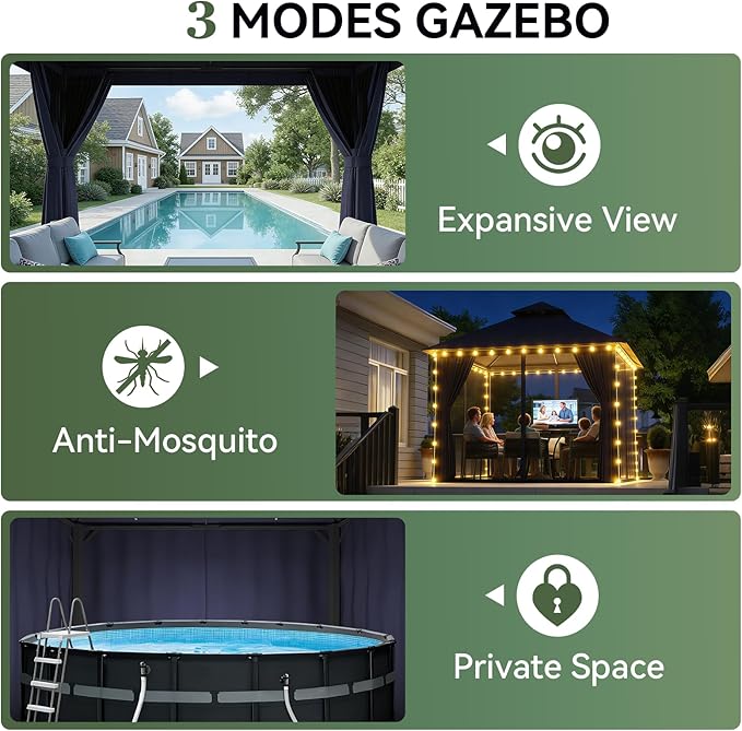 Aoxun Outdoor Gazebo for Patio 8x8 Metal Frame Canopy with Double Roofs Heavy Duty Party Tent and Shelter with Mosquito Netting and Privacy Screen for Backyard, Lawn, Garden, Deck (Navy Blue)