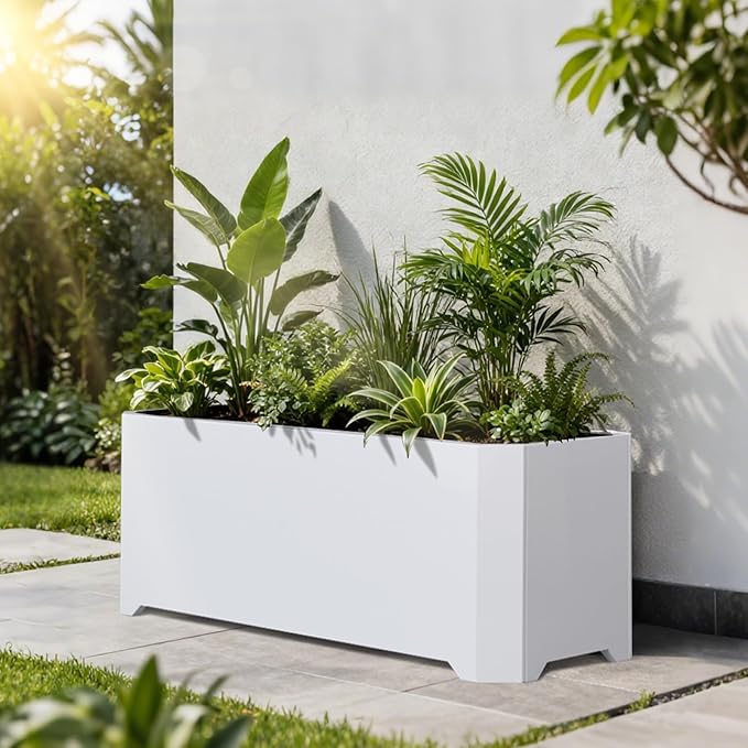 Steel Planter Box-36"x15"x15"-Large Rectangular Planters for Outdoor Plants, White Matel Planter Box Raised Support Feet for Patio, Deck, Garden, Yard, Drain Holes, Easy Assembly
