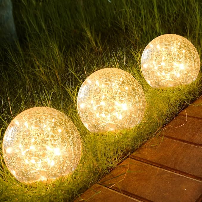 Outdoor Waterproof IP65 Solar Globe Lights, Led Solar Light Balls for Lawn Garden Patio Table Art Decoration, Yard Landscape Illuminated Cracked Glass Sphere Gazing Ball Lights, Round Ornaments Orbs
