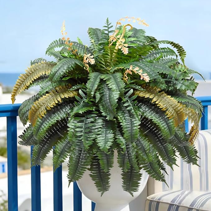 Large Autumn 88 Leaves Artificial Ferns for Outdoors Look Real, Fake Large Faux Boston Ferns for Outdoor Planter Realistic UV Resistant Artificial Fake Plants for Porch Patio Hanging 47 inch
