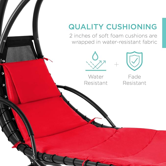 Best Choice Products Outdoor Hanging Curved Steel Chaise Lounge Chair Swing w/Built-in Pillow and Removable Canopy - Red