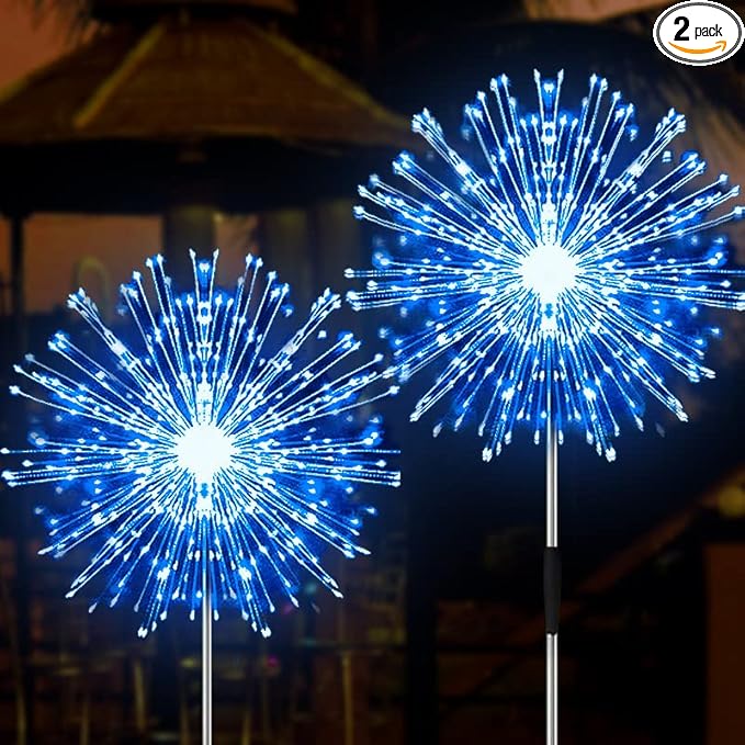 JJGoo Solar Firework Lights, 2 Pack 150 LEDs 2 Lighting Modes Solar Lights Outdoor Waterproof for Garden Patio Walkway Pathway Party Wedding Christmas Decorative - Blue
