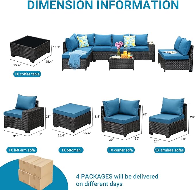 Jing's Villa 9-Piece Patio Furniture Set, All-Weather Outdoor Wicker Sectional Sofa with Cushions, Tempered Glass Table & Ottoman, Rattan Conversation Seating for Porch, Garden, Backyard,Peacock Blue
